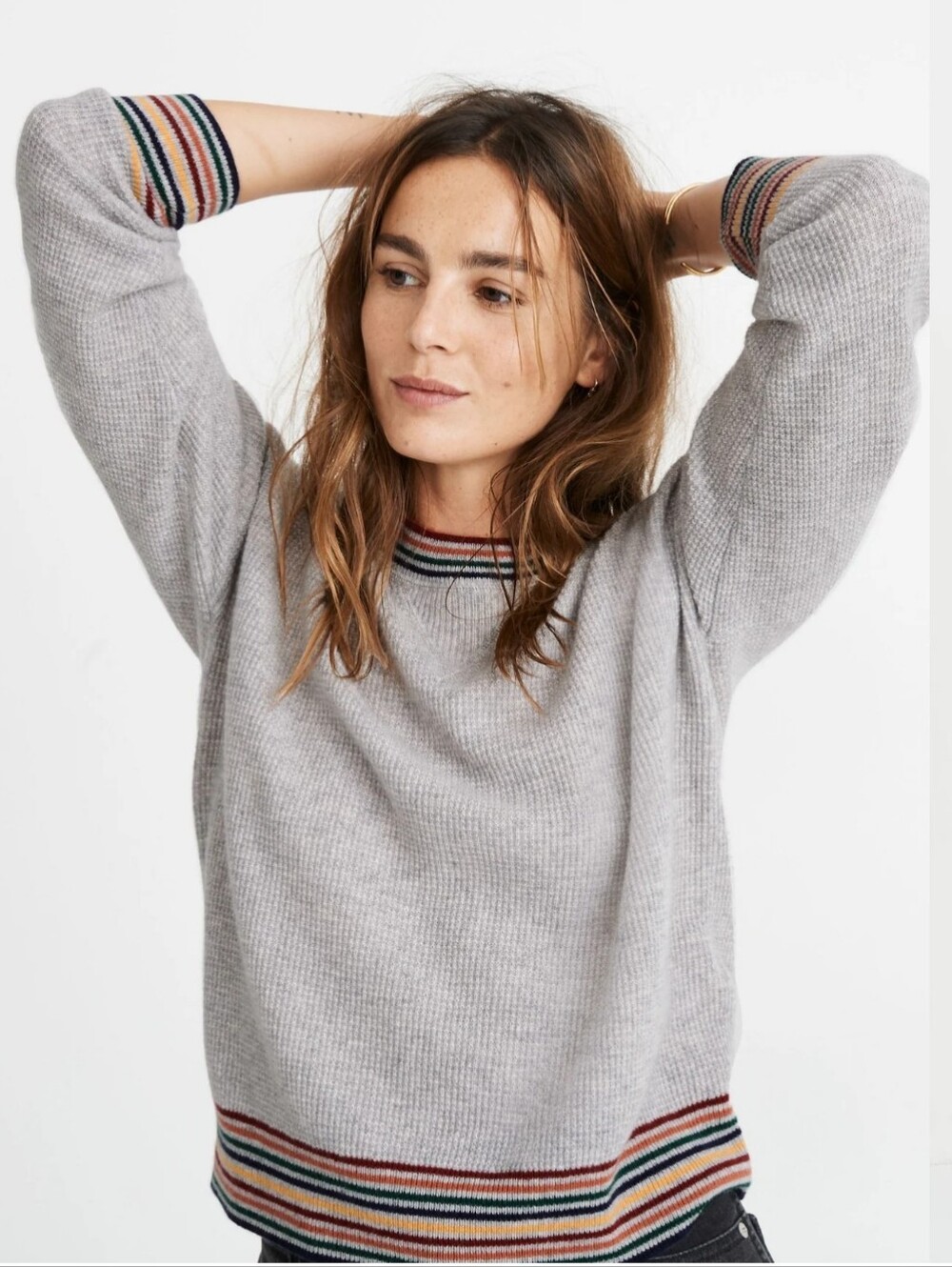 MADEWELL Rainbow-Trim Cashmere Sweatshirt Sweater Gray Womens Size XXS